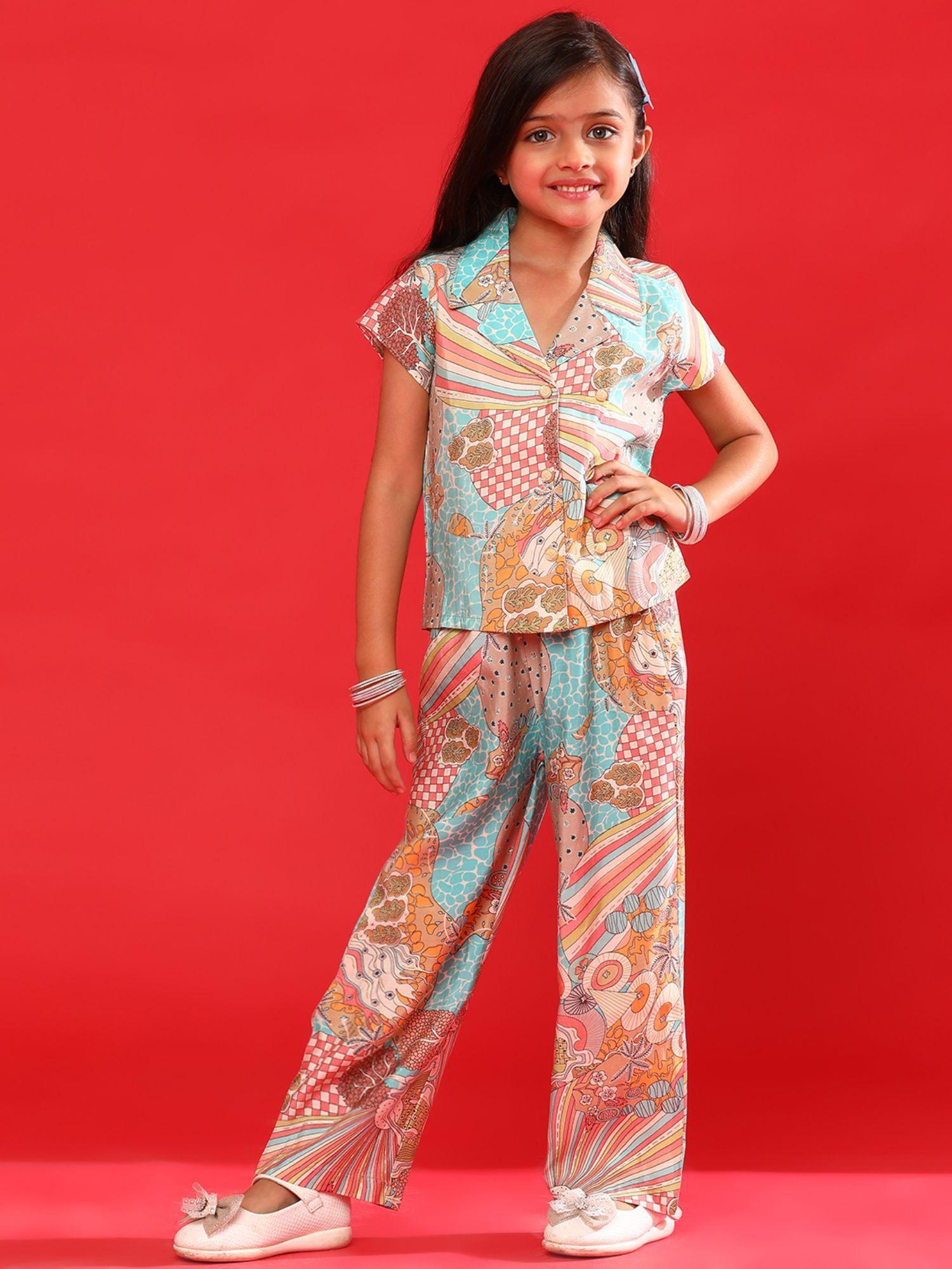 girls multi color rayon printed top with pant (set of 2)