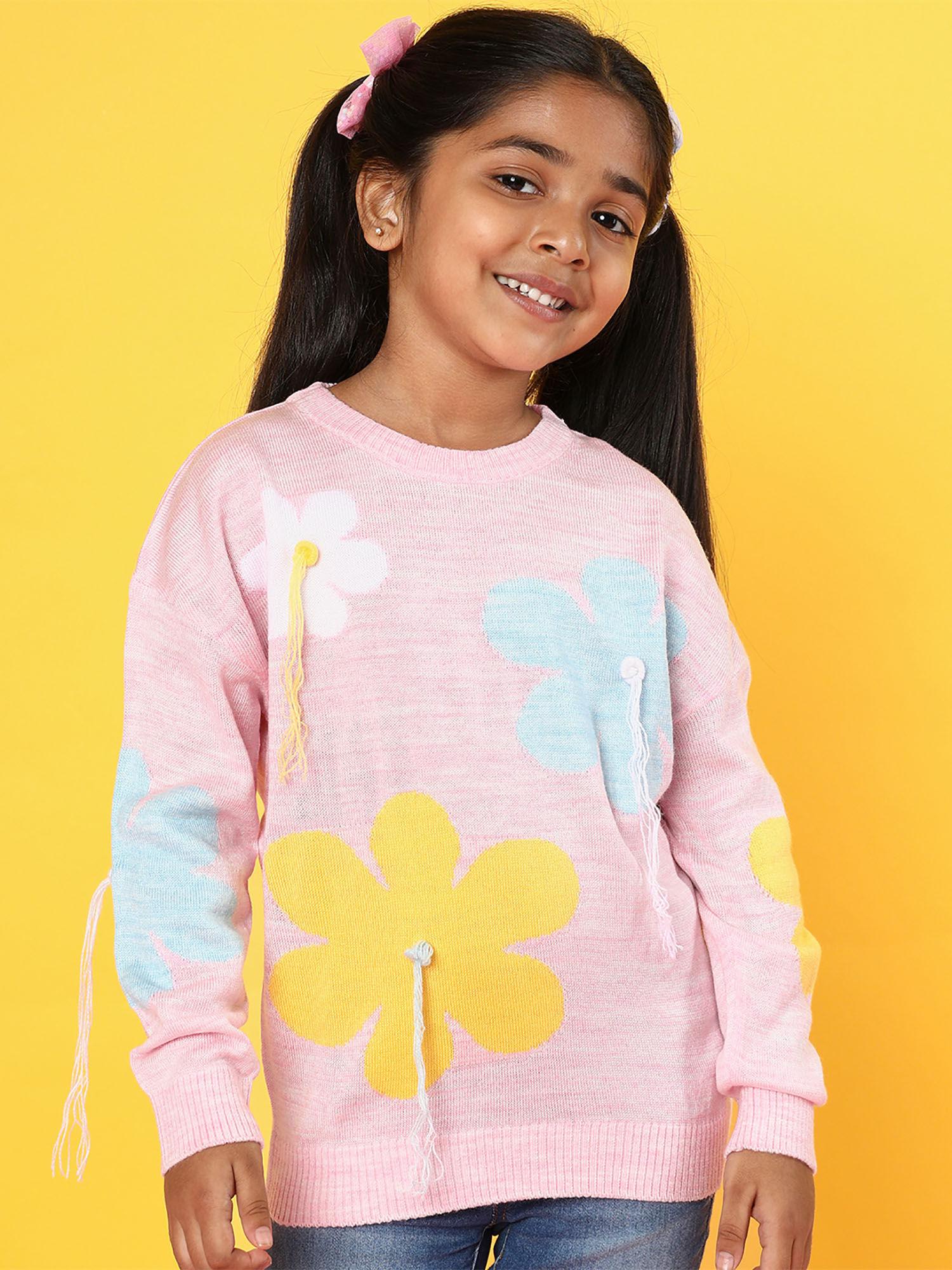 girls multicolor jacquard acrylic pullover sweater