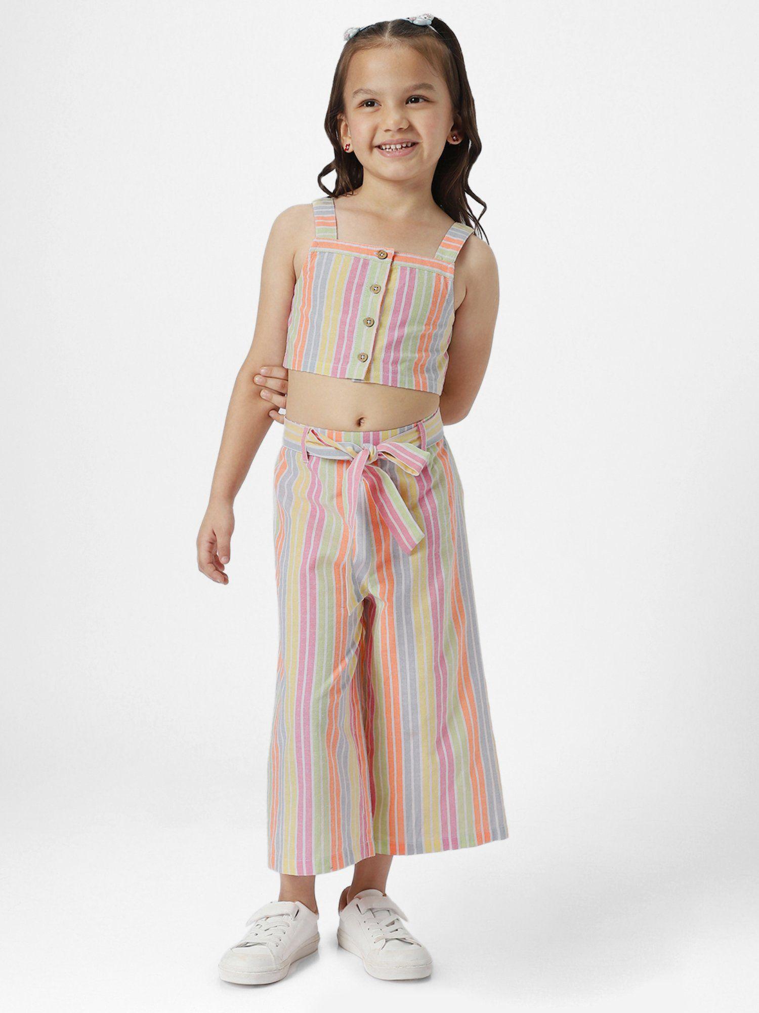 girls multicolor striped blouson crop top with trouser (set of 3)