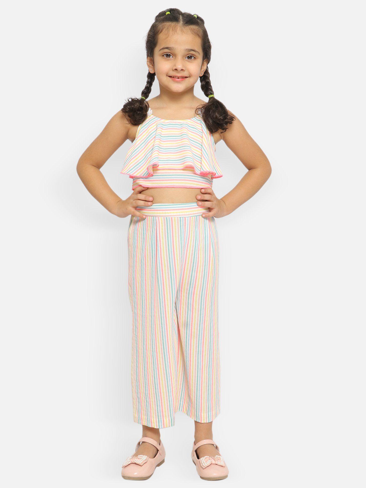girls multicolor stripes top with culottes (set of 2)