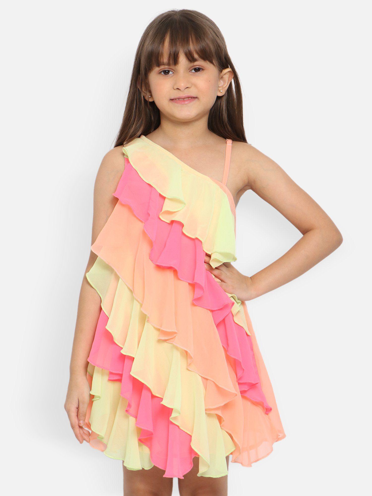 girls multicoloured colourblocked layered georgette a-line dress