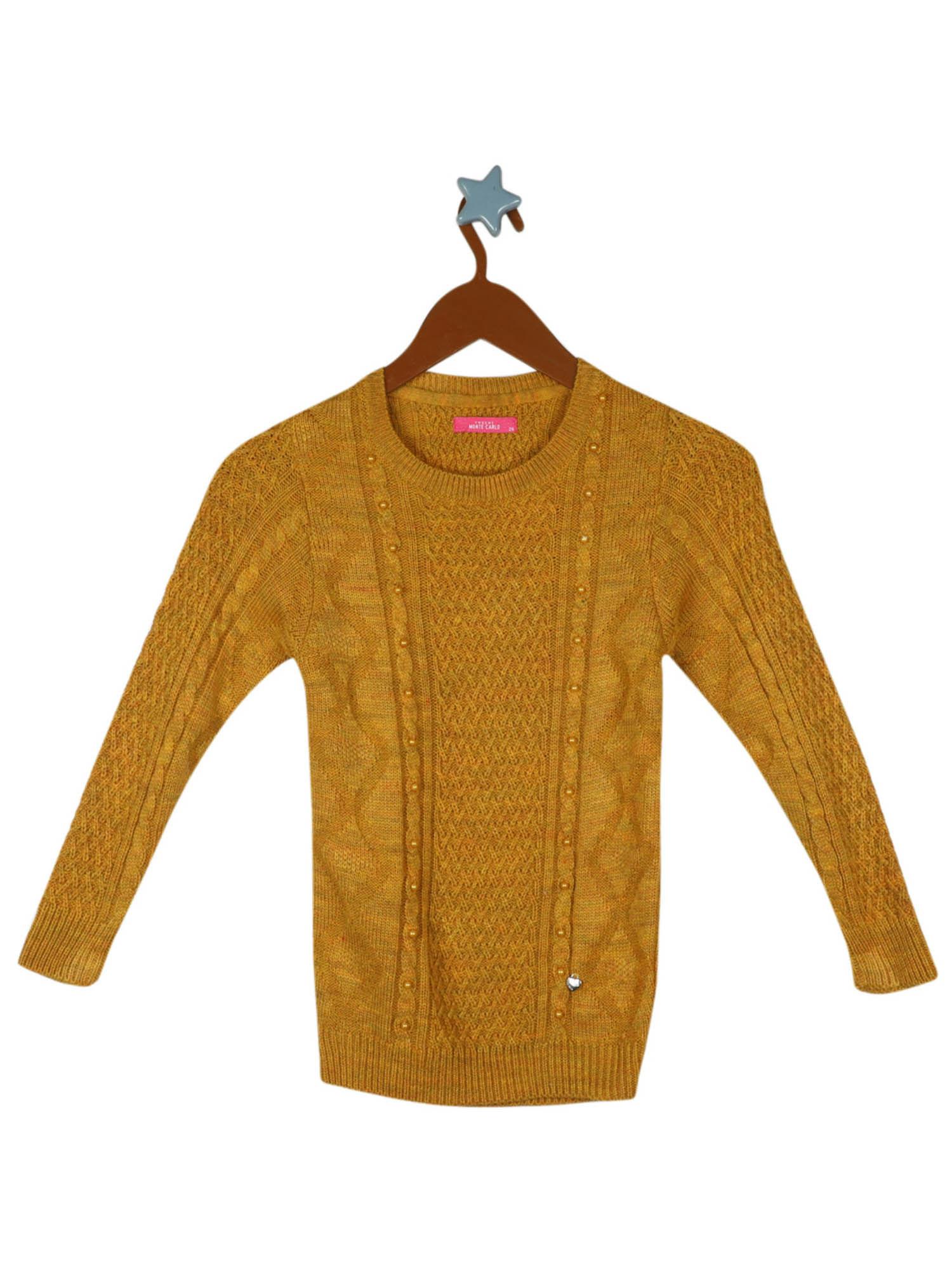 girls mustard cotton blend self design sweater