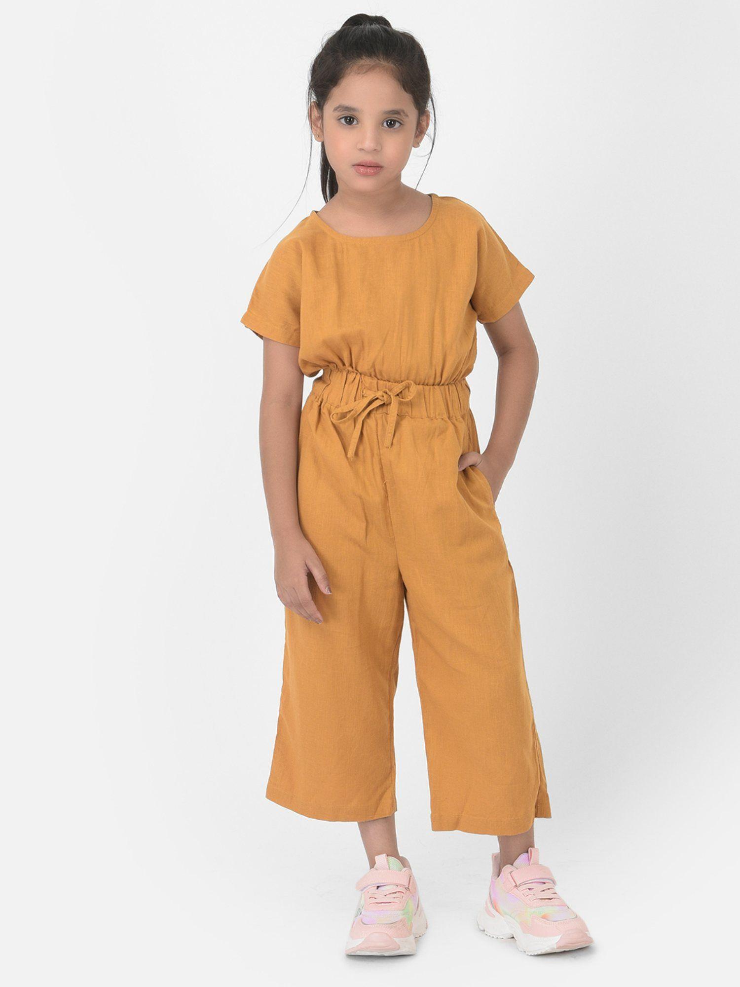 girls mustard solid capri jumpsuit