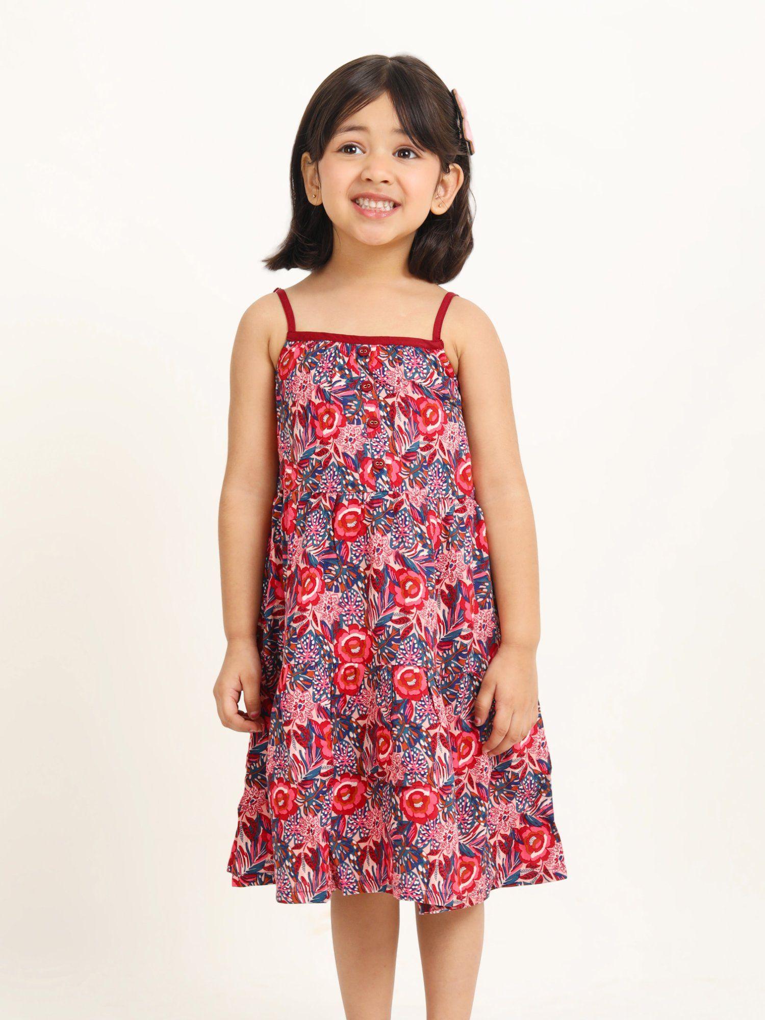 girls myra midi dress - festive roses print - red