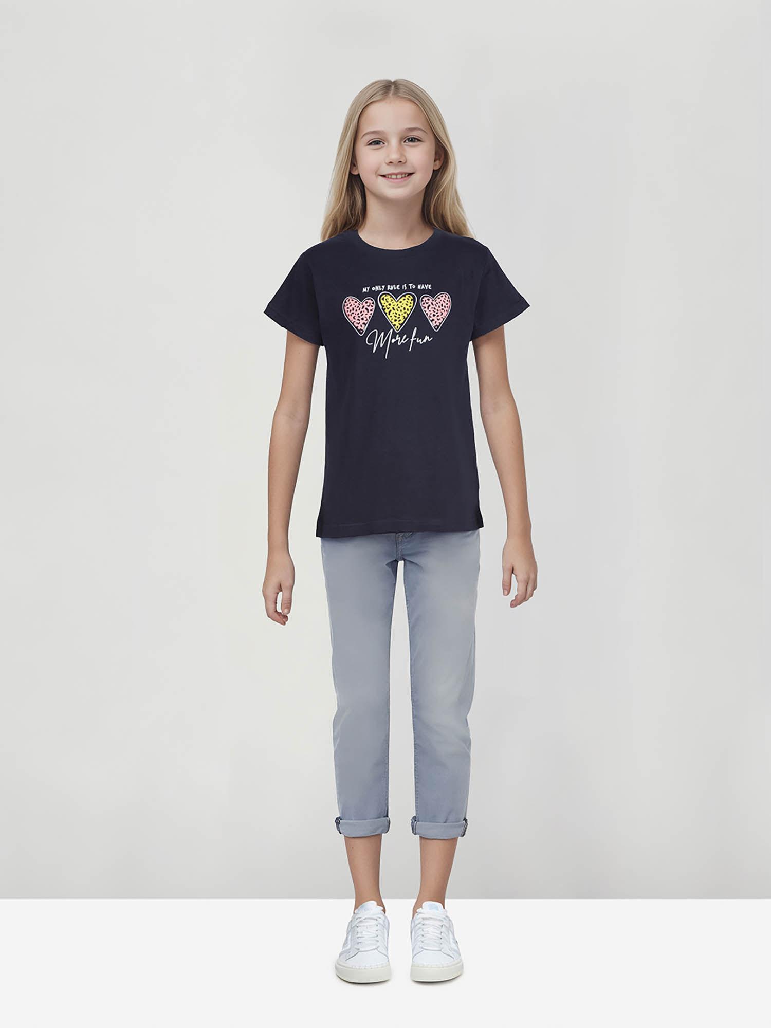 girls navy blue cotton printed half sleeves top