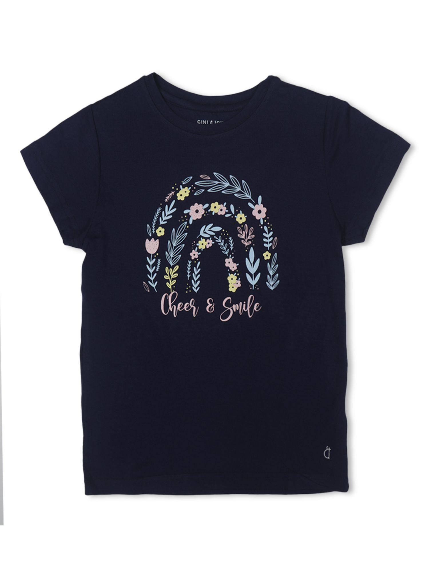 girls navy blue cotton printed knits top half sleeves