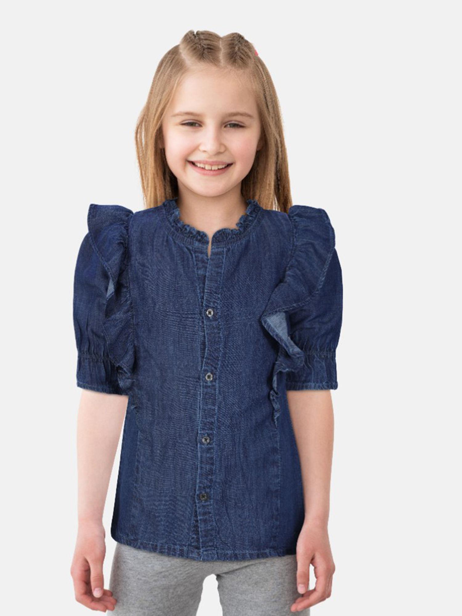 girls navy blue denim solid-plain knits top half sleeves
