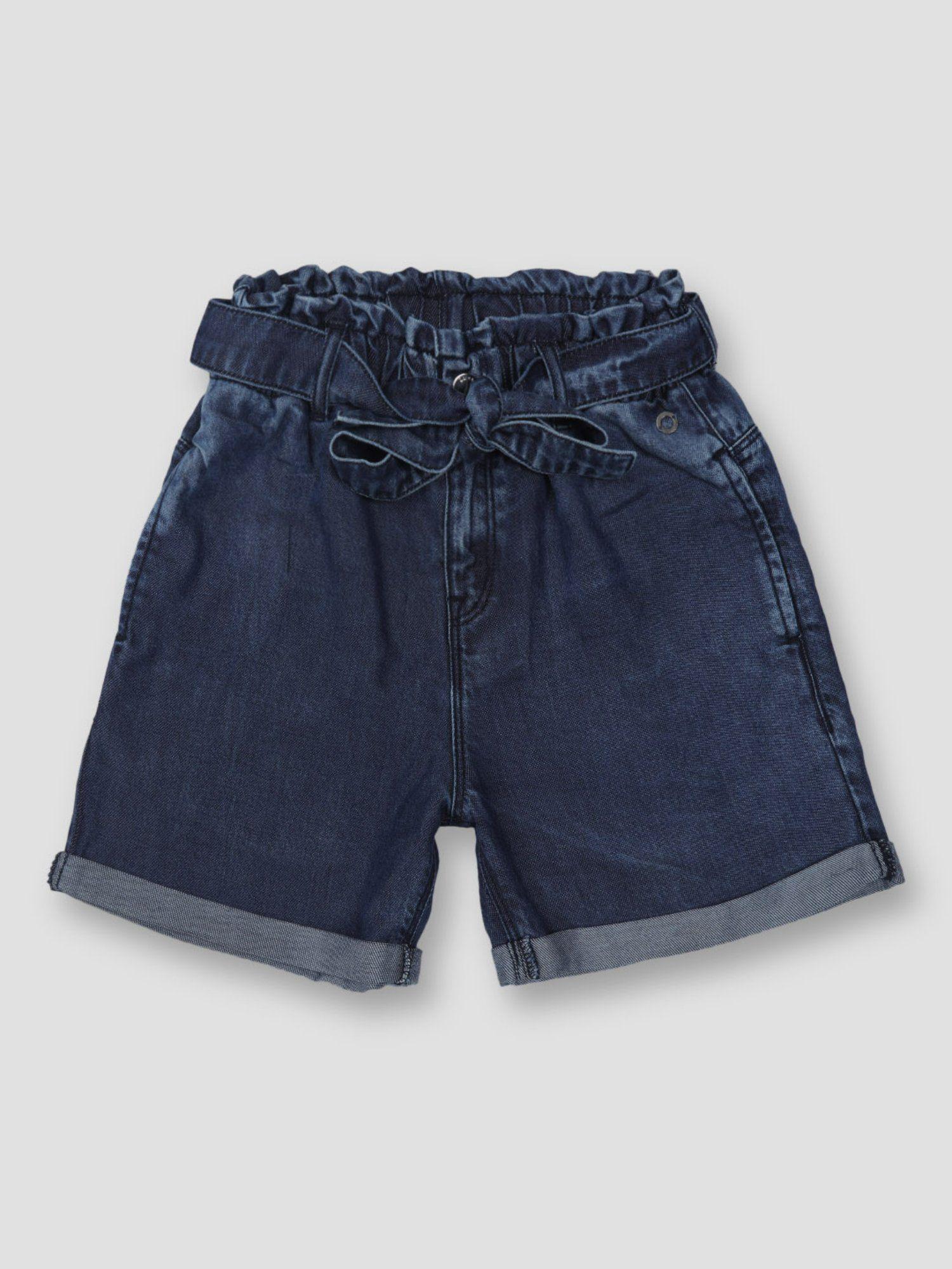 girls navy blue denim solid shorts