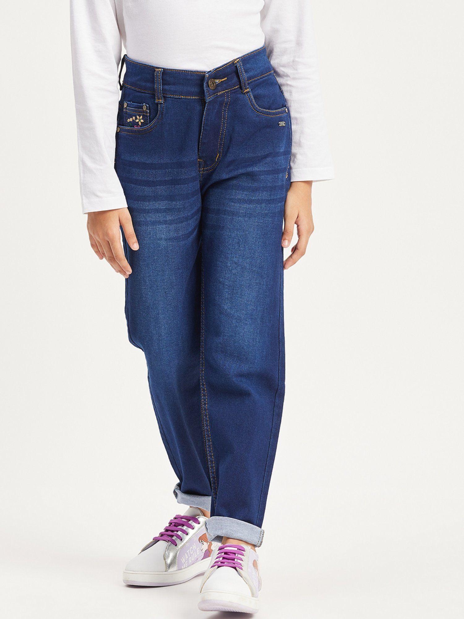 girls navy blue denim solid straight wide legged jeans