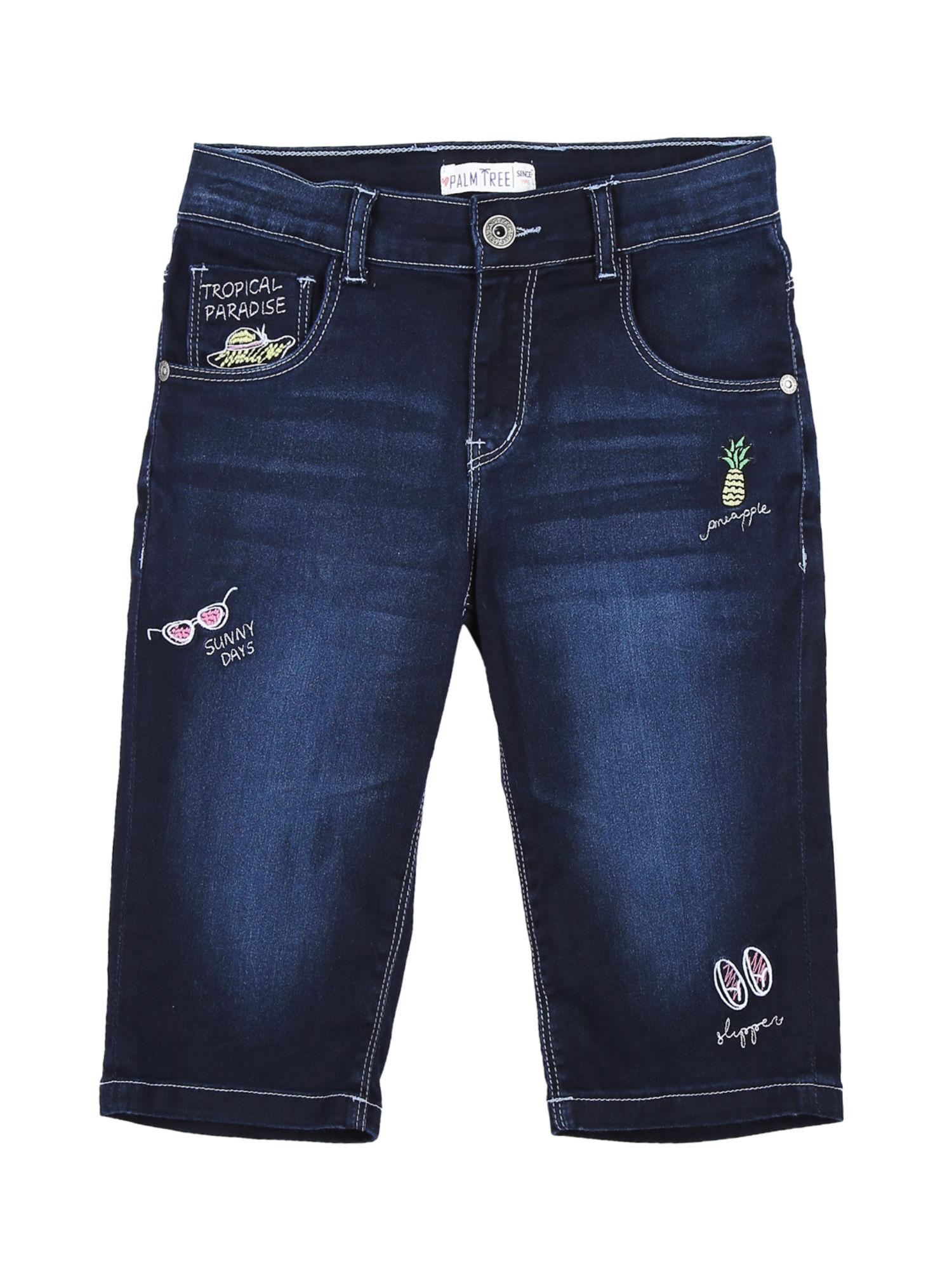 girls navy blue denim washed pedal pusher fixed waist capri