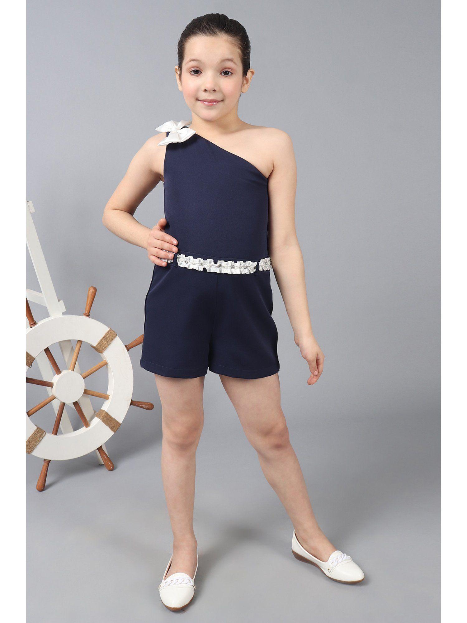 girls navy blue one shoulder jumpsuit with bow detail