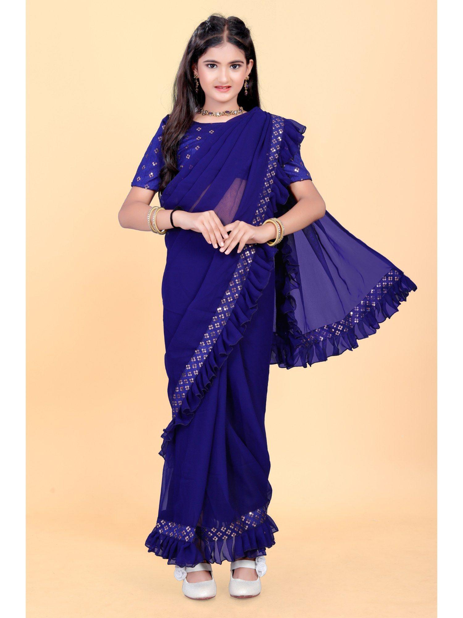 girls navy blue pre-stitched saree with embellished unstitched blouse