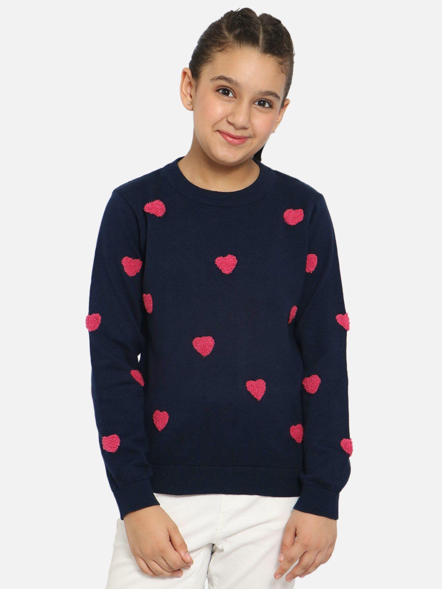 girls navy blue self-design pullover sweater