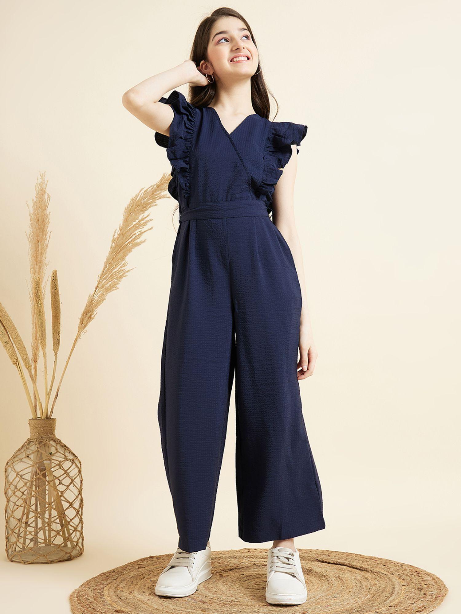 girls navy blue solid full length jumpsuit with belt (set of 2)