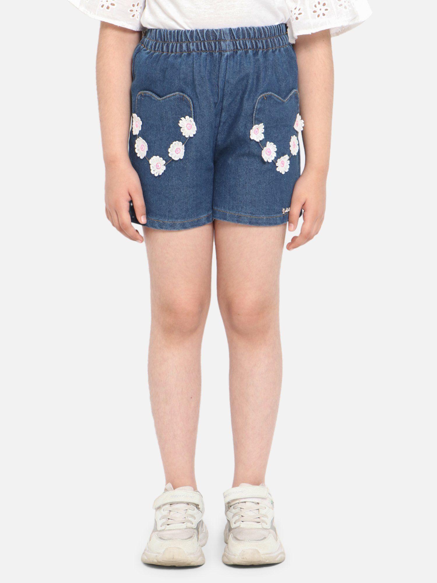 girls navy blue solid regular fit mid-rise denim shorts with floral patch