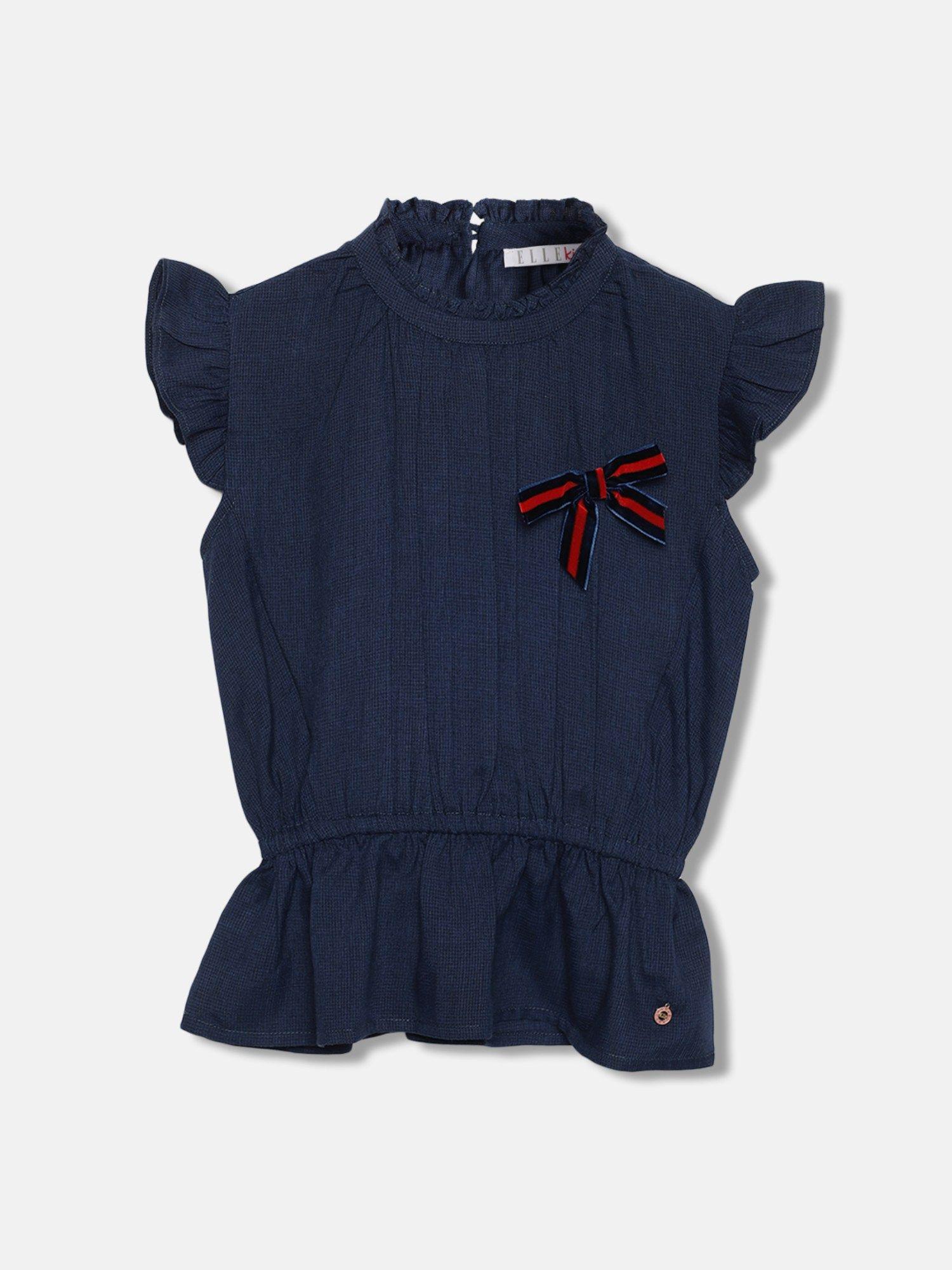 girls navy blue solid round neck short sleeves top