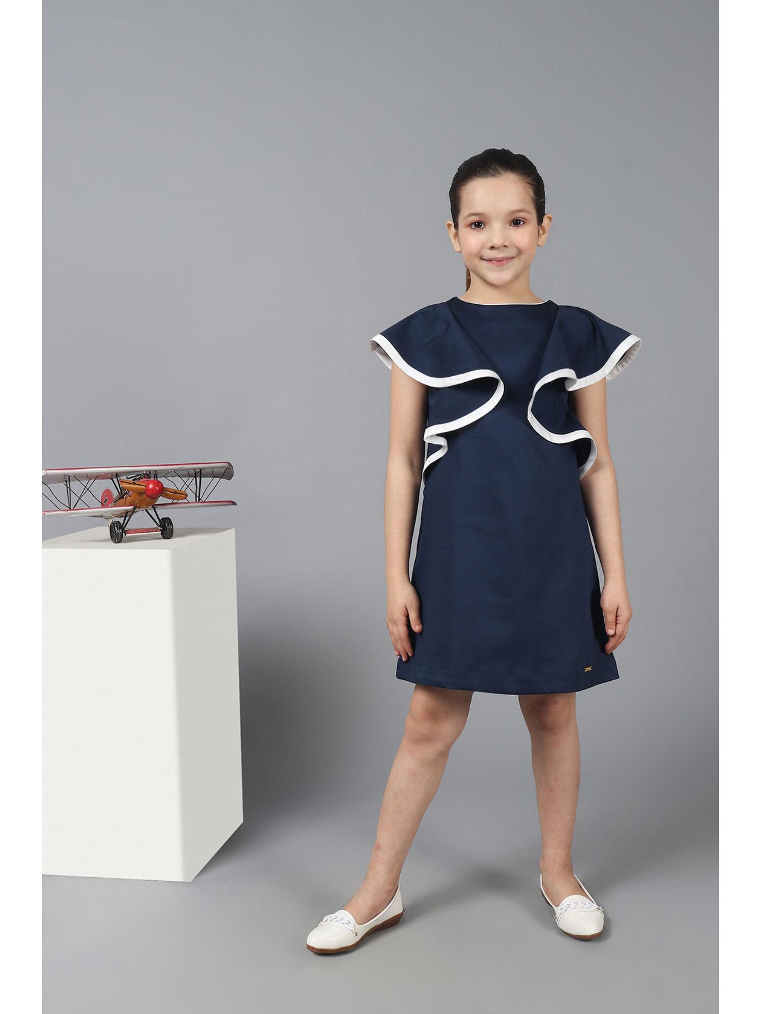 girls navy blue straight fit dress with ruffle sleeves