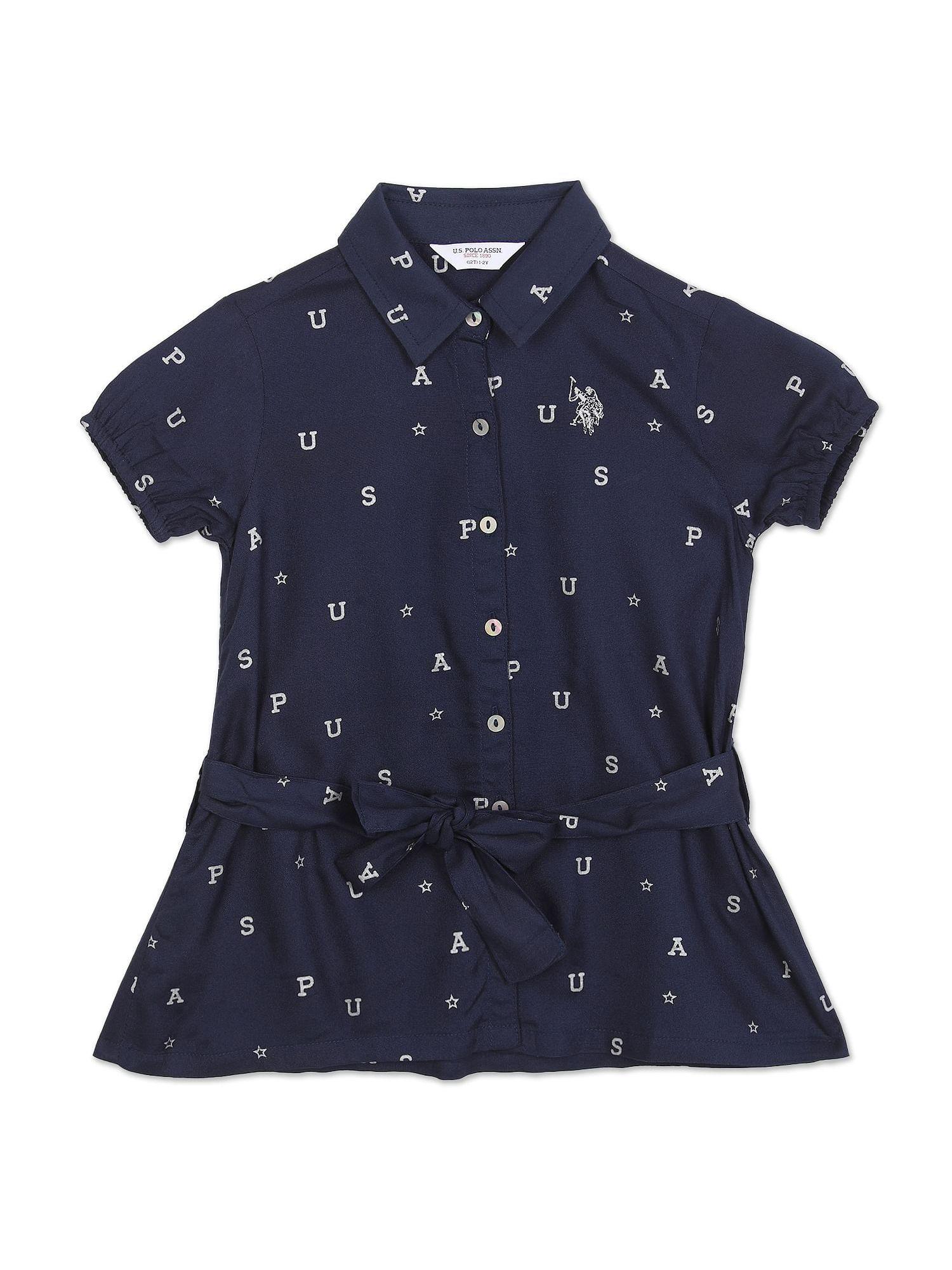 girls navy brand print shirt dress