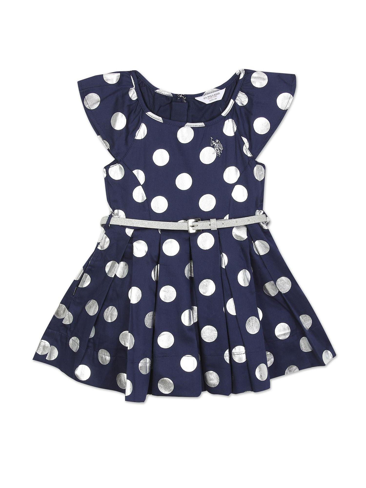 girls navy cap sleeve metallic print dress (set of 2)