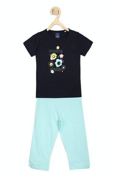 girls navy graphic print casual t-shirt and capri pants