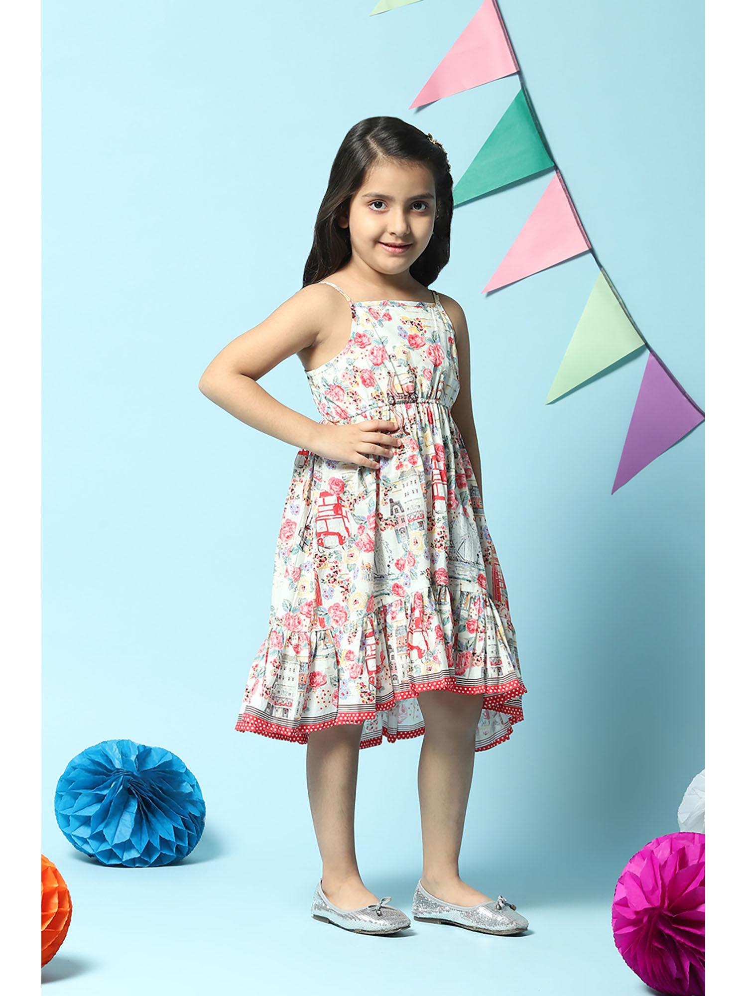 girls off white cotton flared ethnic dress