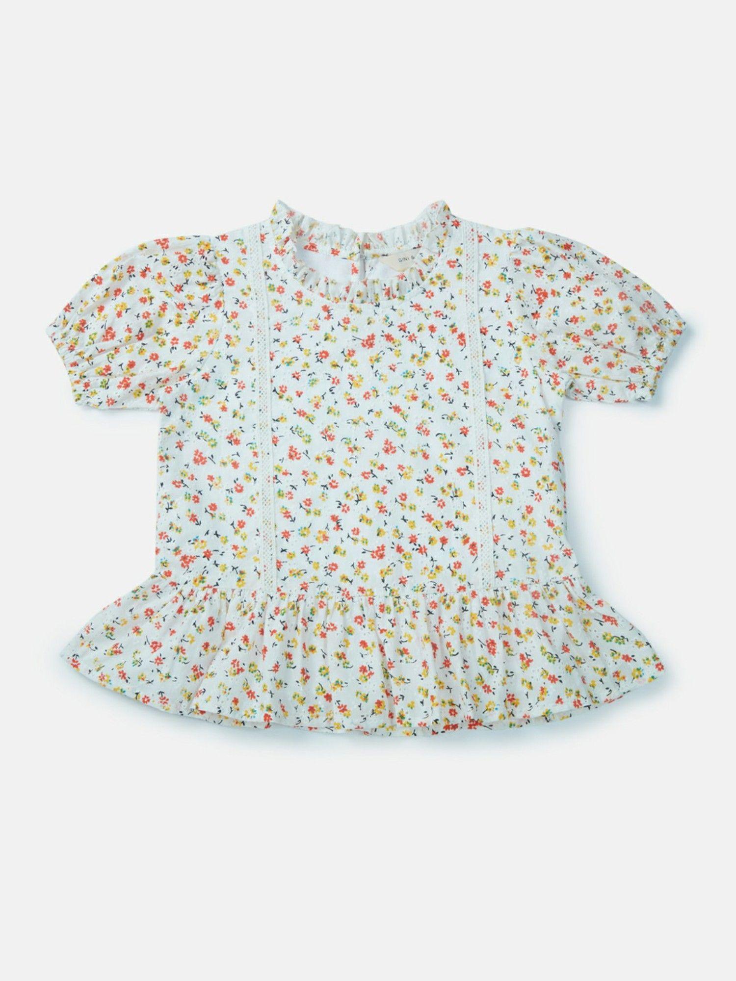 girls off white cotton floral woven top