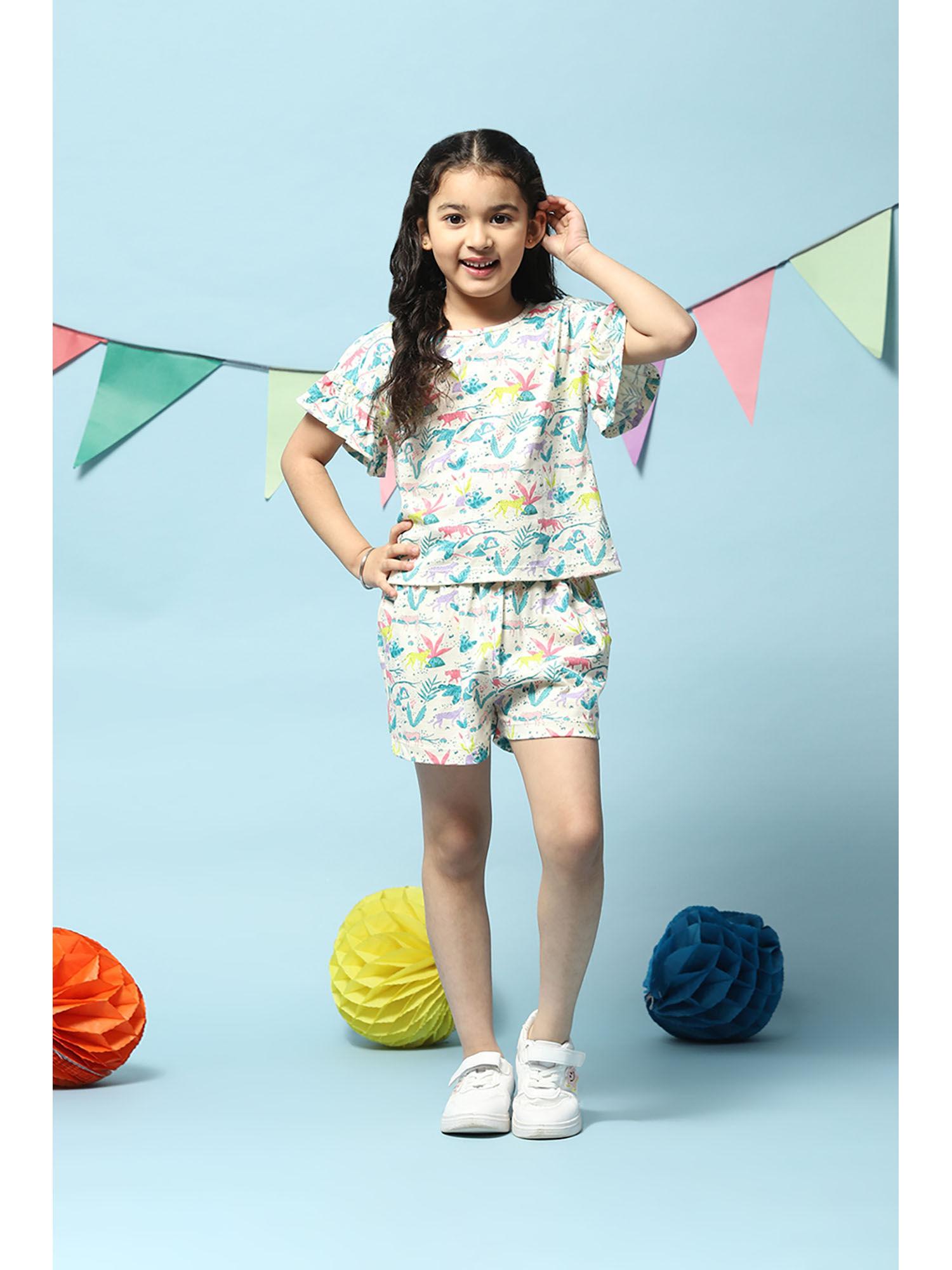 girls off white printed cotton clothing (set of 2)