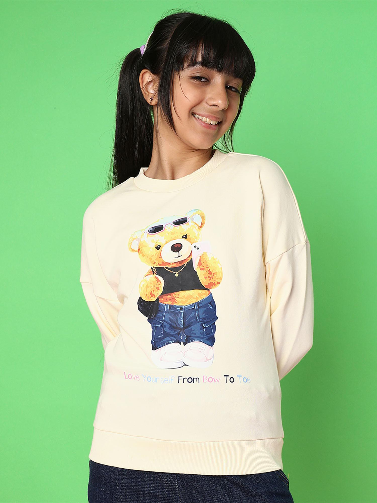 girls off-white teddy bear printed crew neck sweatshirt