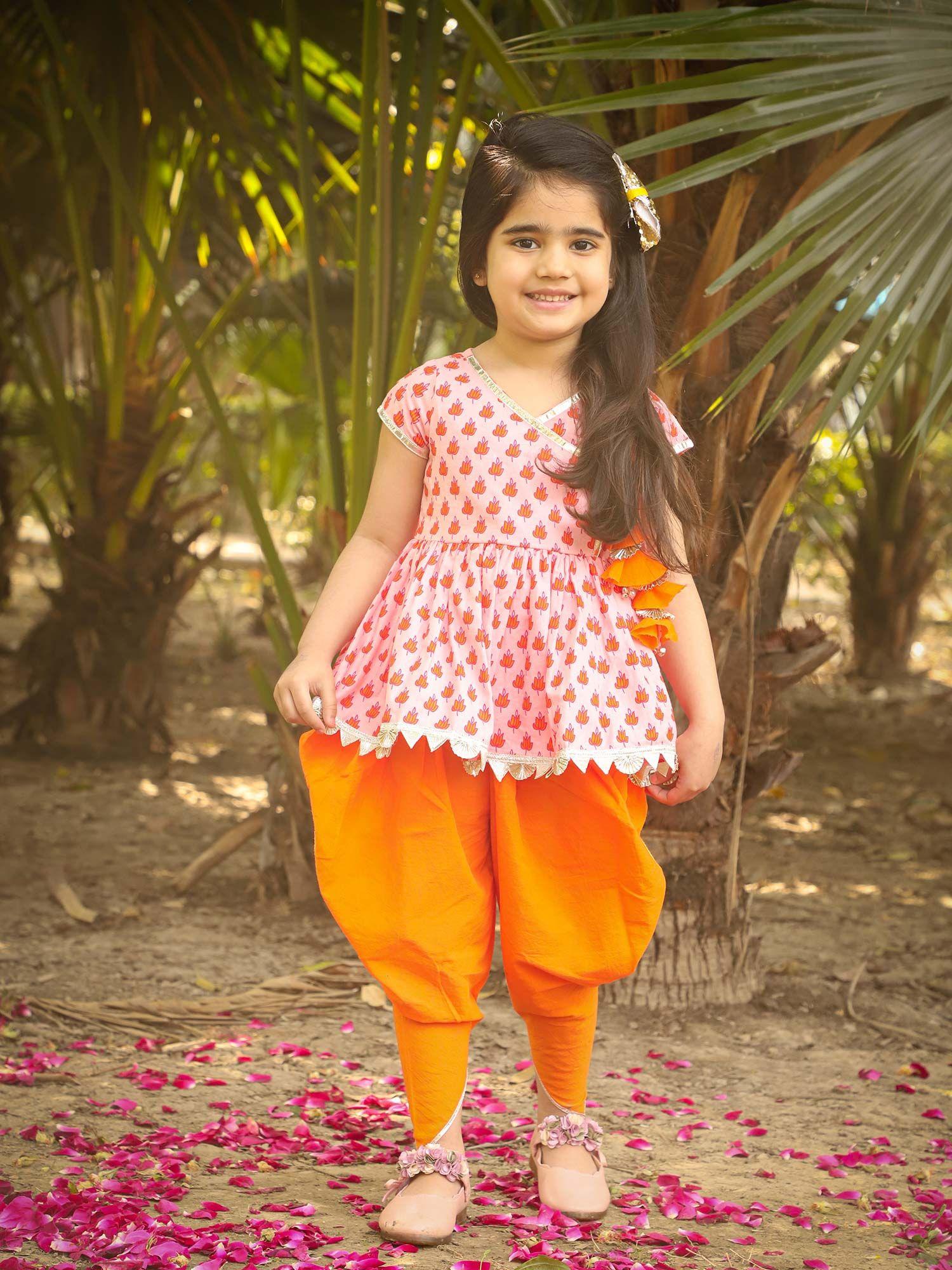 girls orange kurta dhoti (set of 2)