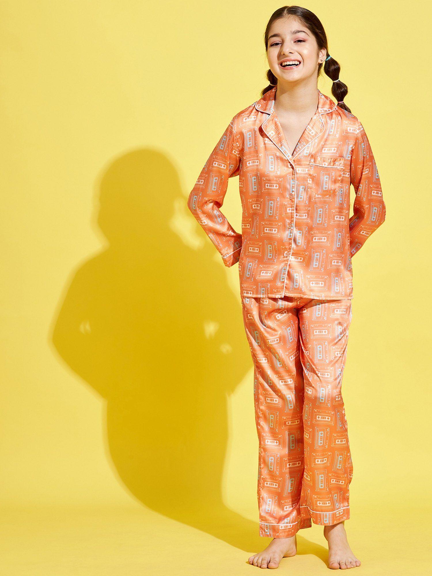 girls orange printed shirt and pyjamas night suits (set of 2)