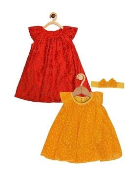 girls pack of 2 printed a-line dresses with hair band