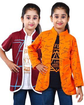 girls pack of 2 printed t-shirts with attached shrugs