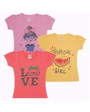 girls pack of 3 graphic print regular fit round-neck t-shirts