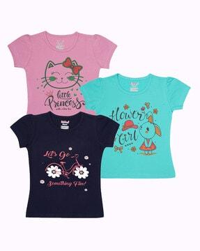 girls pack of 3 graphic print regular fit round-neck t-shirts