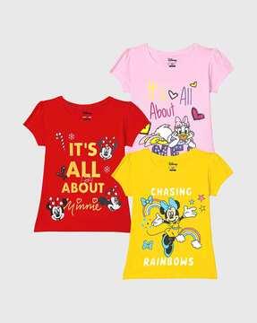 girls pack of 3 printed regular fit round-neck t-shirts