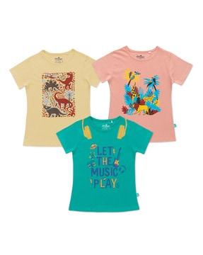girls pack of 3 printed regular fit round-neck t-shirts