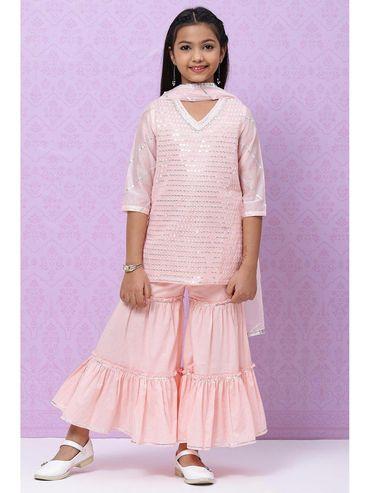 girls pastel pink art silk girls straight suit sharara (set of 3)