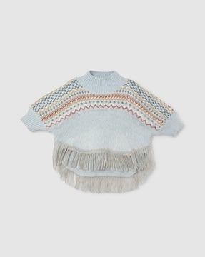 girls patterned-knit pullover with fringes