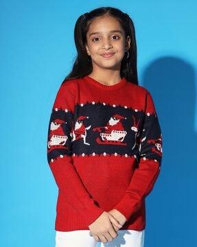 girls patterned regular fit round-neck sweater