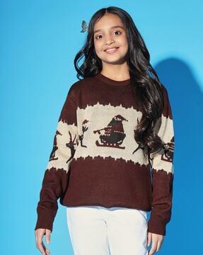 girls patterned regular fit round-neck sweater