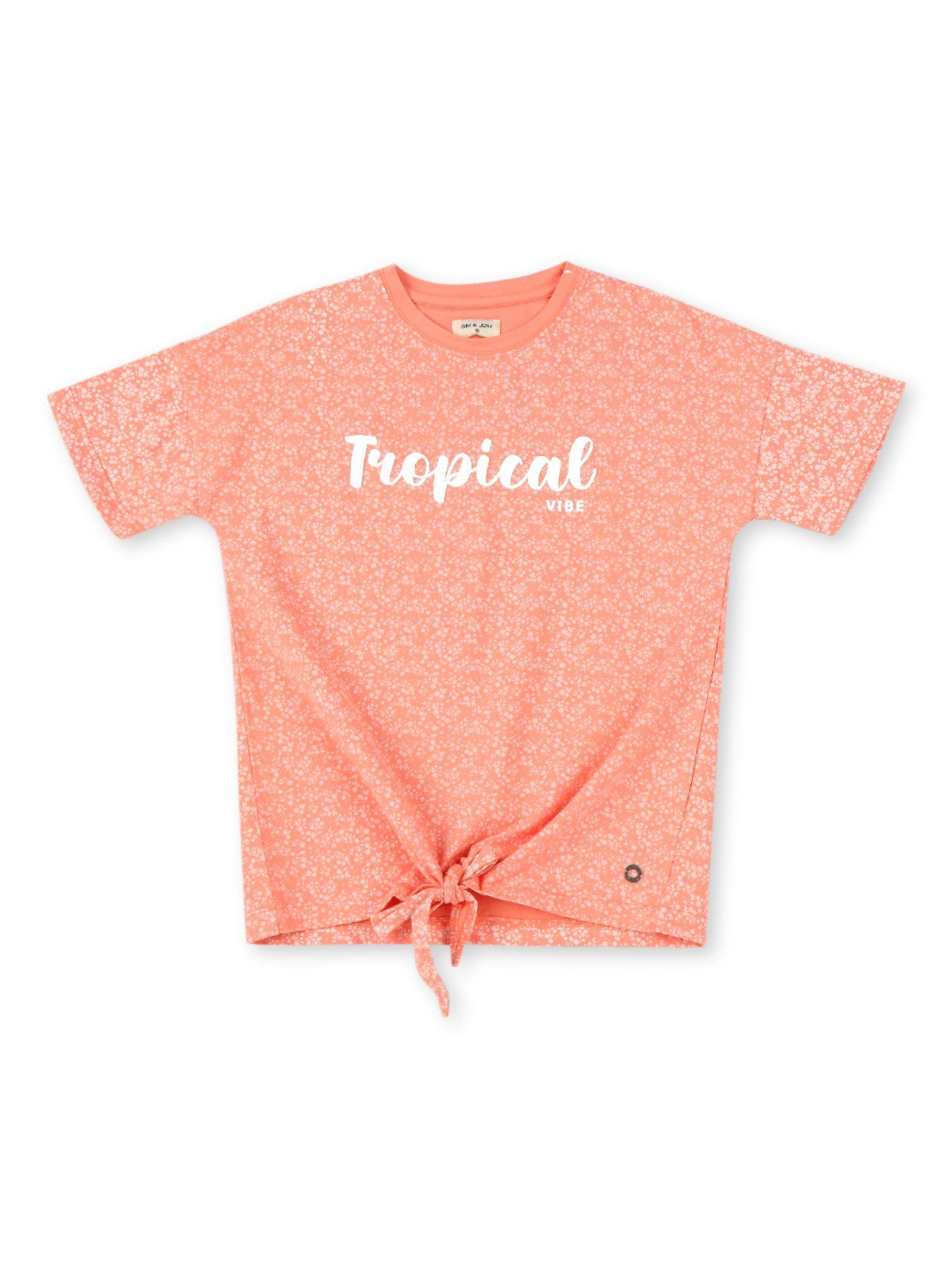 girls peach cotton printed knit top