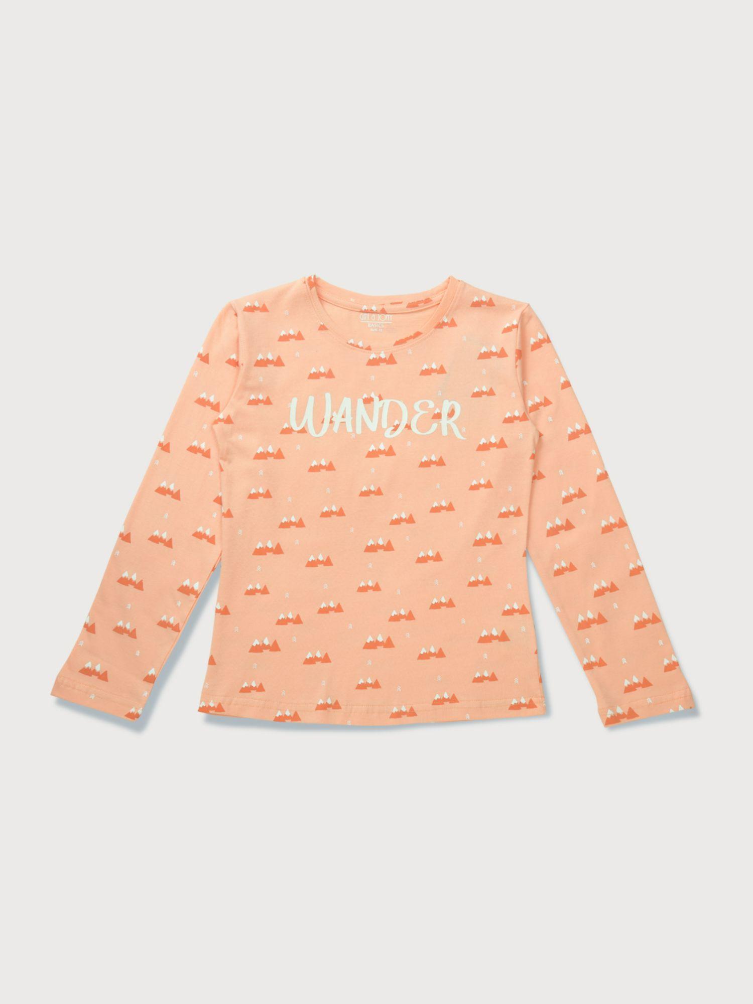 girls peach cotton printed knits top full sleeves