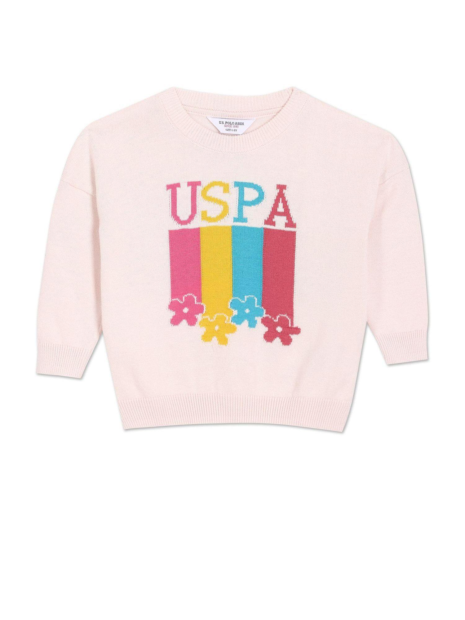 girls peach crew neck patterned knit cotton sweater