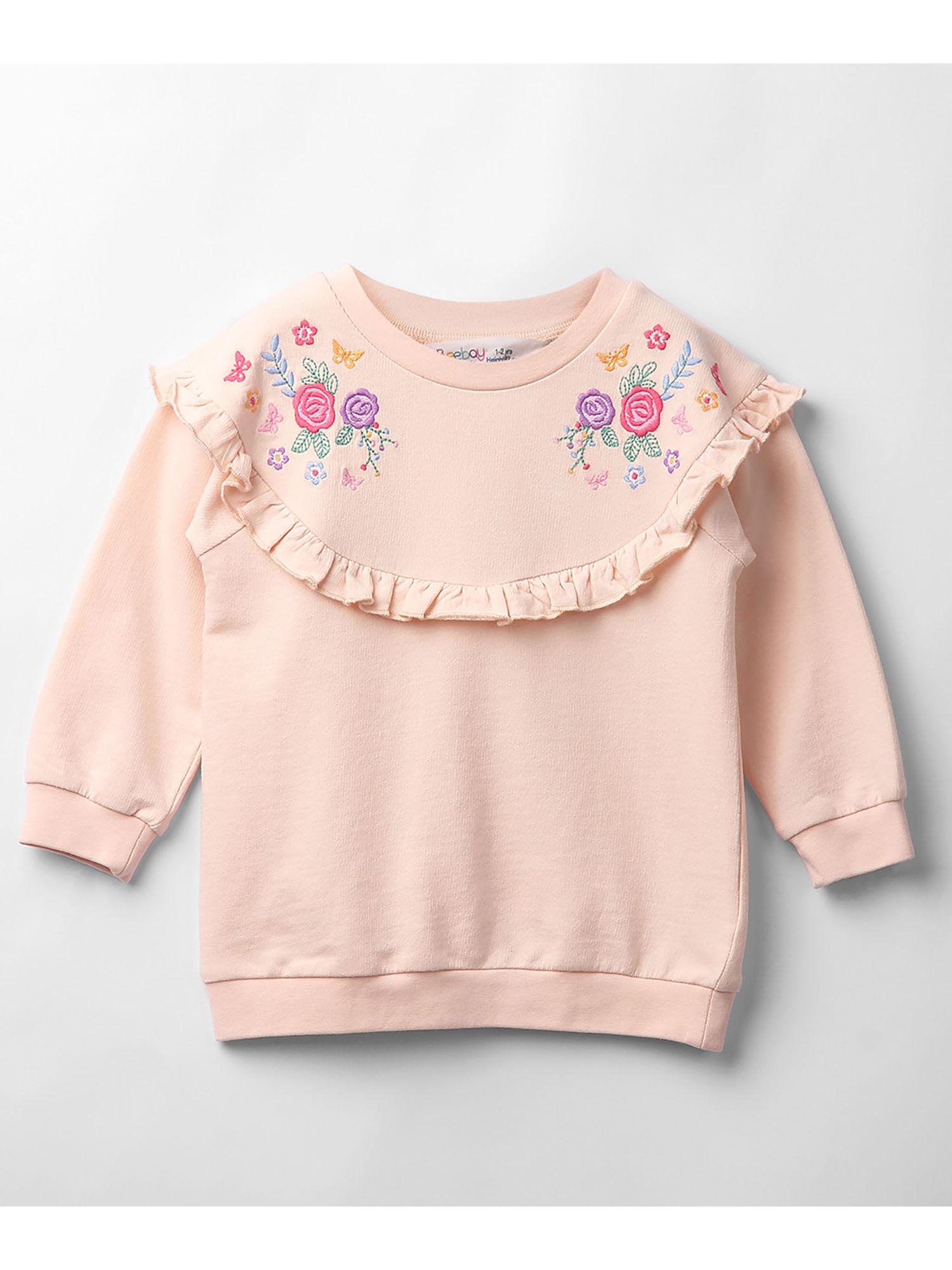 girls peach floral embroidery hip length sweatshirt