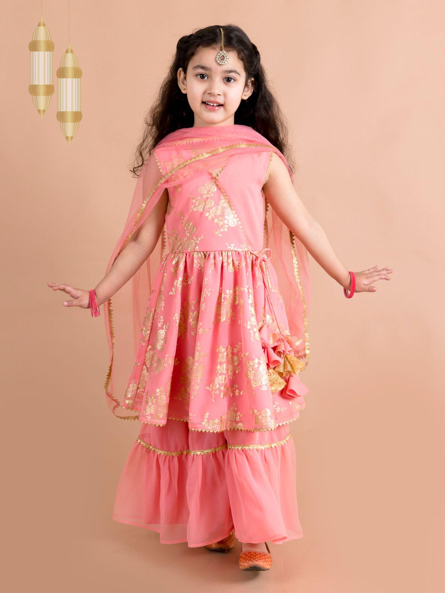 girls peach kurta sharara (set of 3)