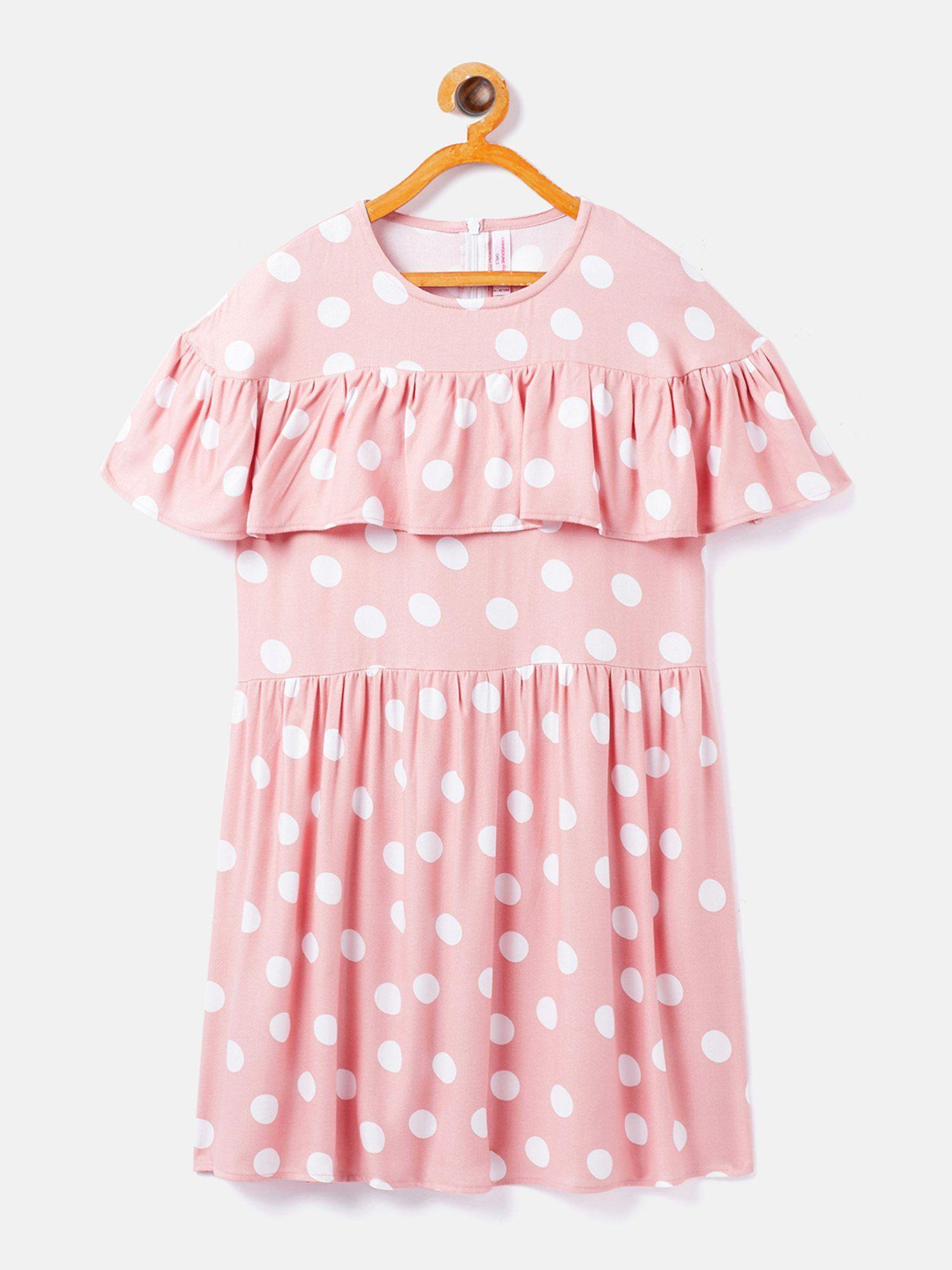 girls peach polka dots fit and flare dress