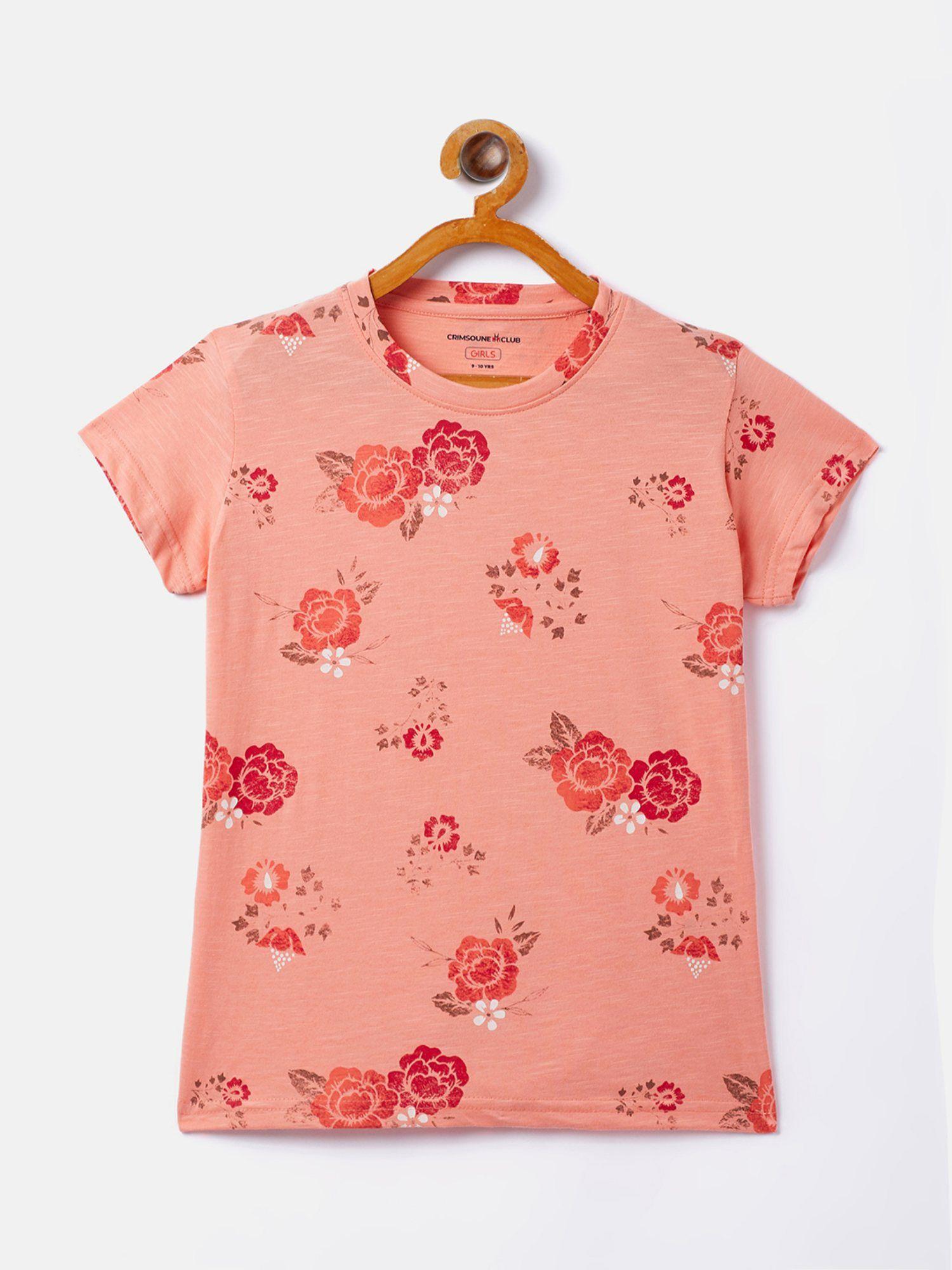 girls peach printed round neck t-shirt