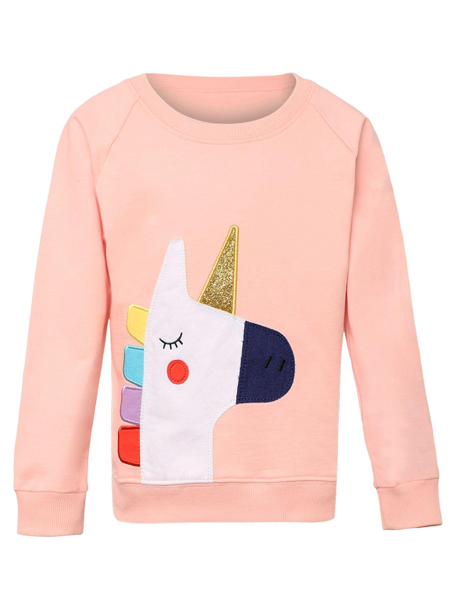 girls peach round neck printed sweatshirt