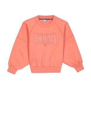 girls peach sateen logo crew neck raglan sleeve sweatshirt