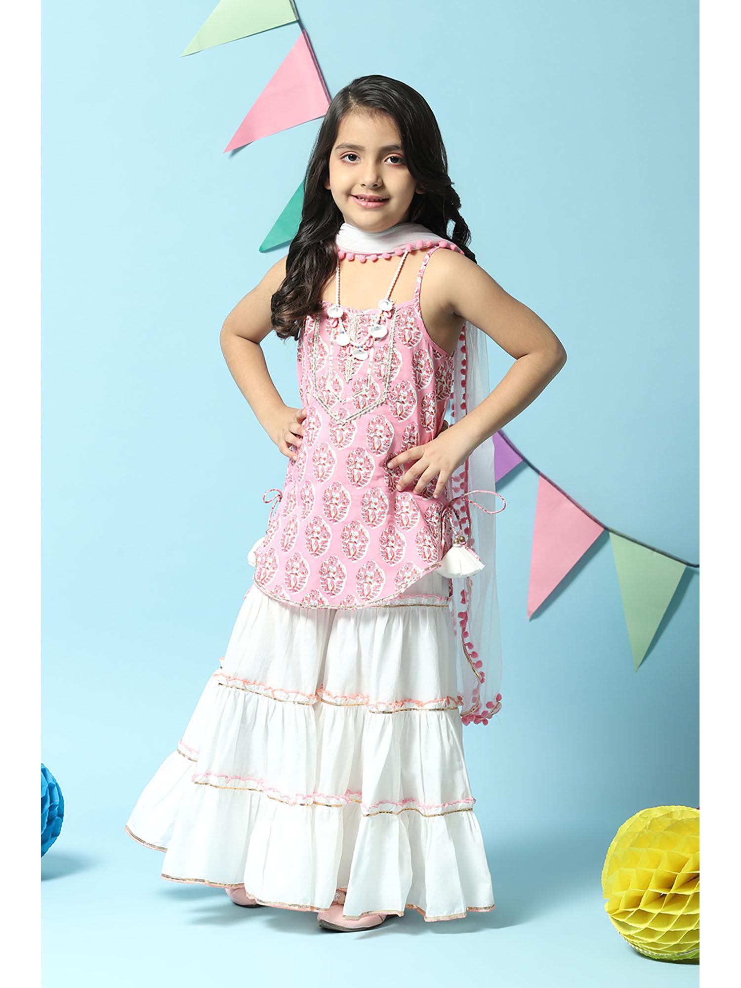 girls pink/white printed cotton straight sharara (set of 3)